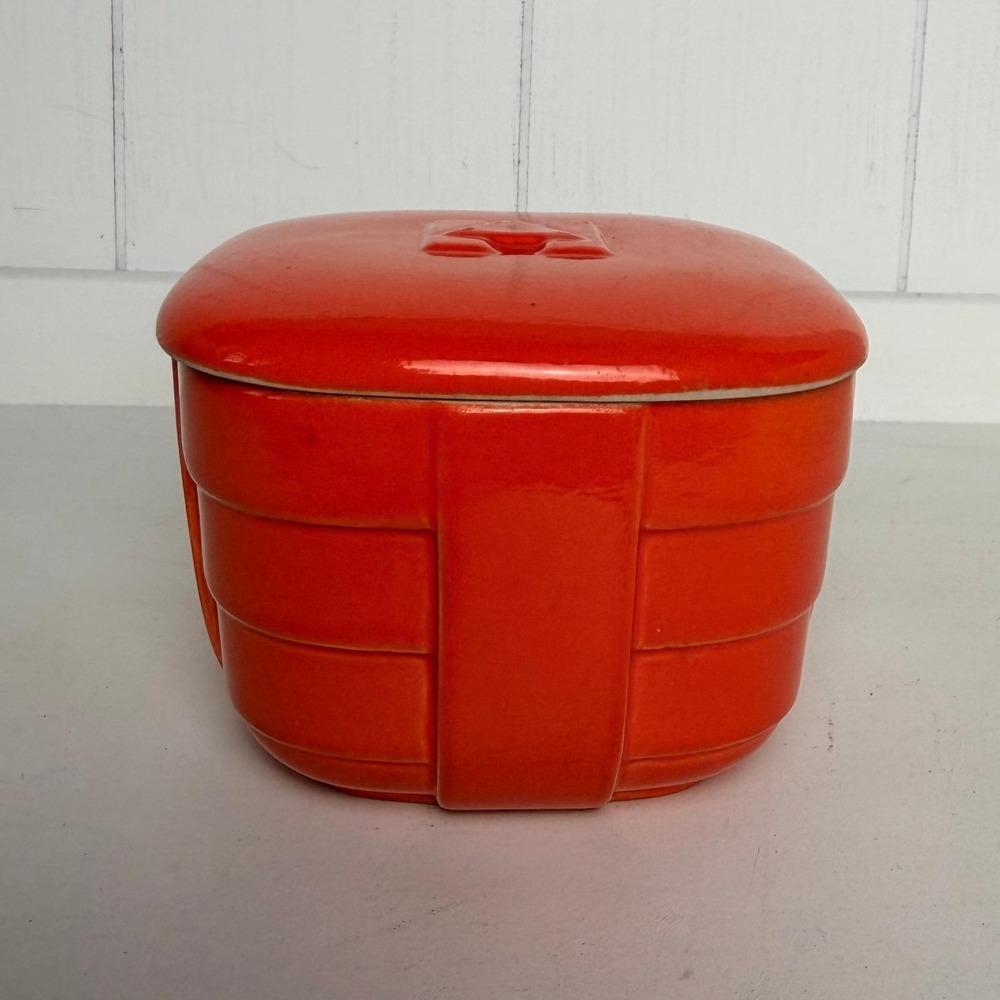 Vintage Hall China Hotpoint Orange Basket Weave Refrigerator Dish w/ Lid READ